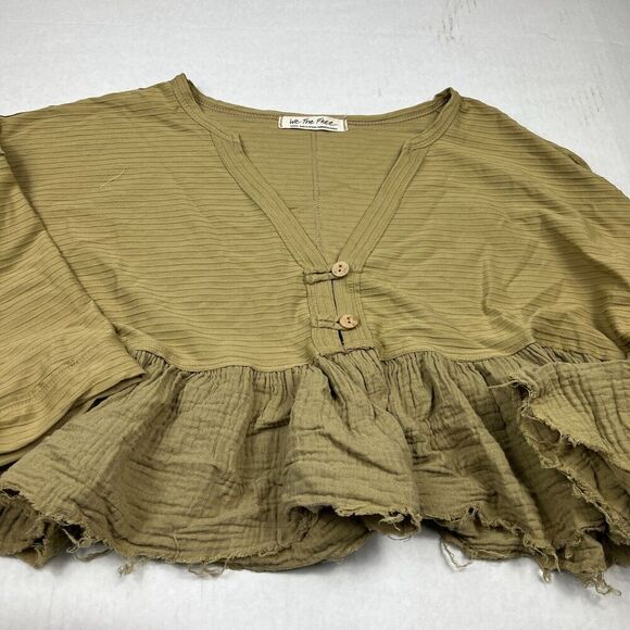 We The Free People Cropped Shirt Green Henley Long Sleeve Ruffled Boho Top SMALL - Picture 2 of 10